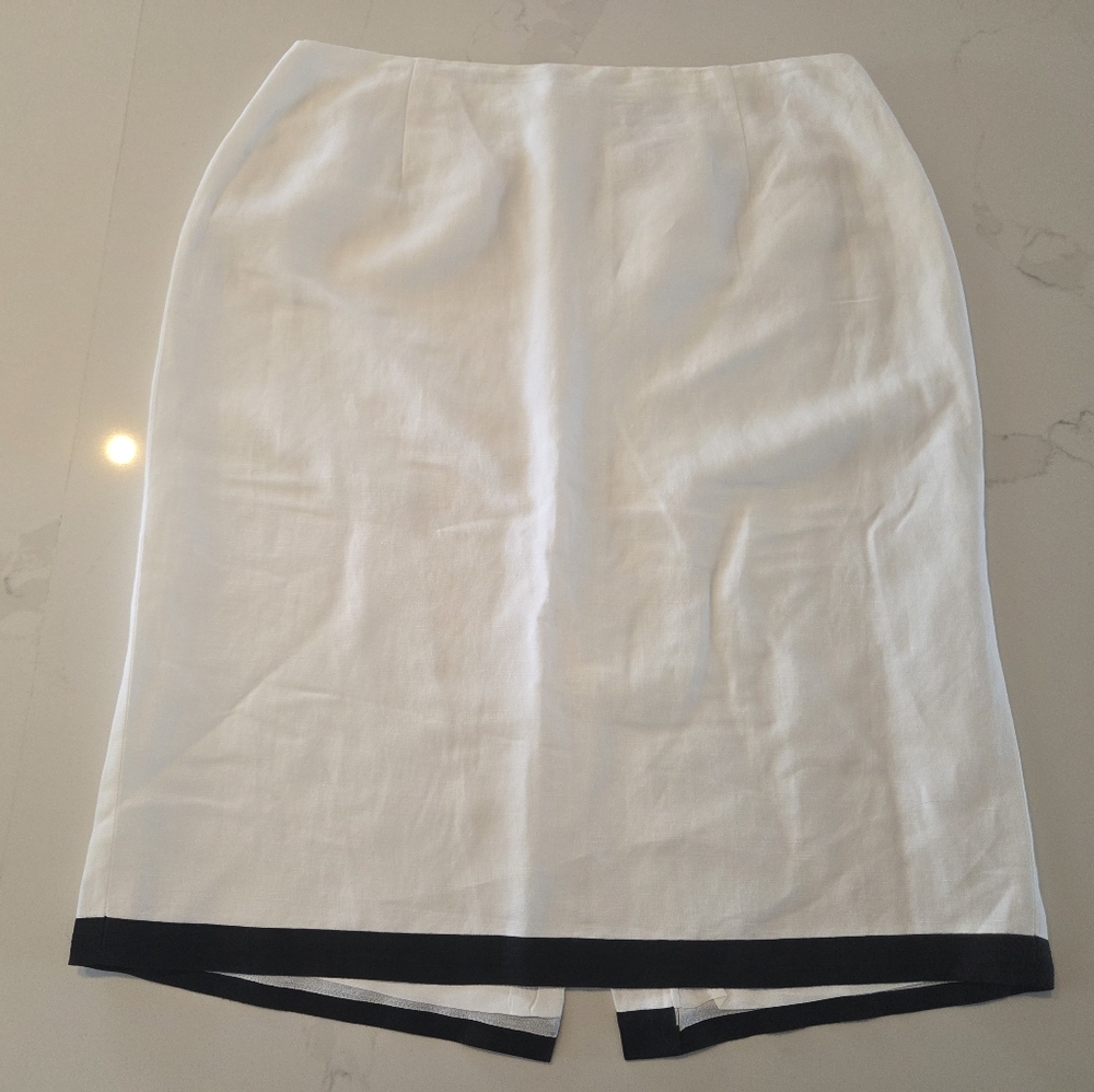 Linen Rayon Blend Pencil Skirt, Crisp White With Bold Black Trim
